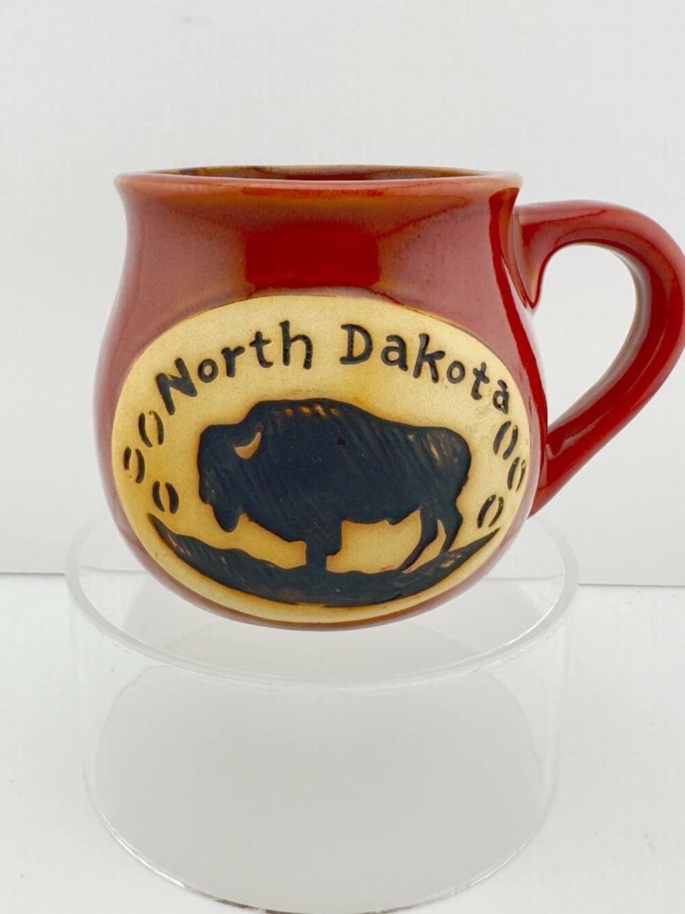 North Dakota Bison Motif Pottery Brown Mug Glazed Stoneware Souvenir Coffee Cup